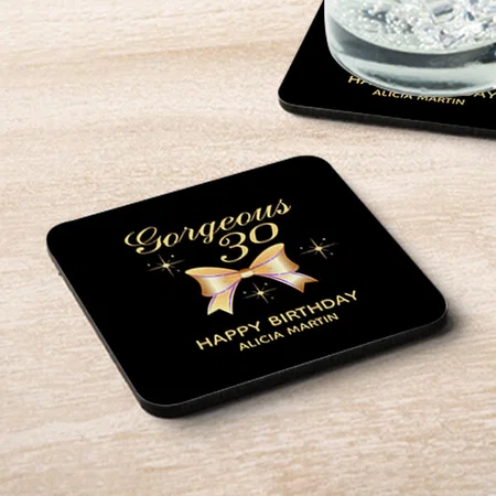 Gold Ribbon Happy Birthday Design Customized Photo Printed Tea & Coffee Coasters
