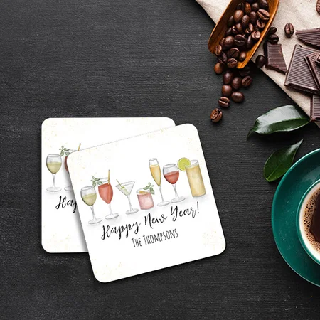 Happy New Years Watercolor Cocktail Drinks Customized Photo Printed Tea & Coffee Coasters