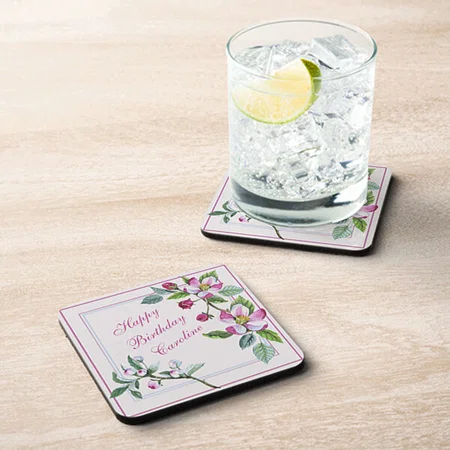 Apple Blossoms Happy Birthday Design Customized Photo Printed Tea & Coffee Coasters