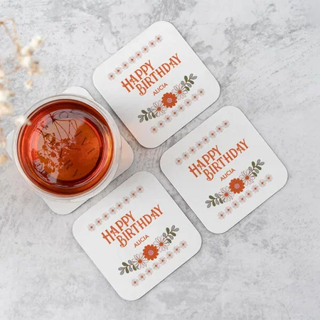 Flora Leaf Happy Birthday Customized Photo Printed Tea & Coffee Coasters