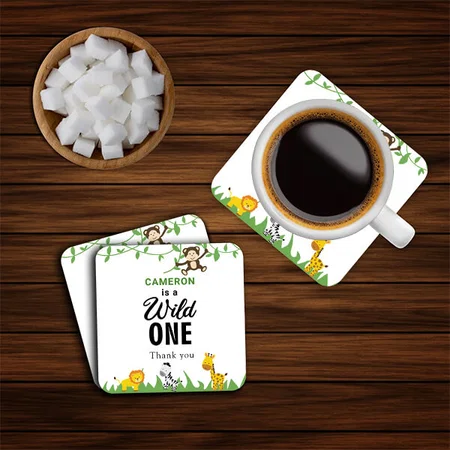 Wild One Birthday Safari Jungle Animals Customized Photo Printed Tea & Coffee Coasters
