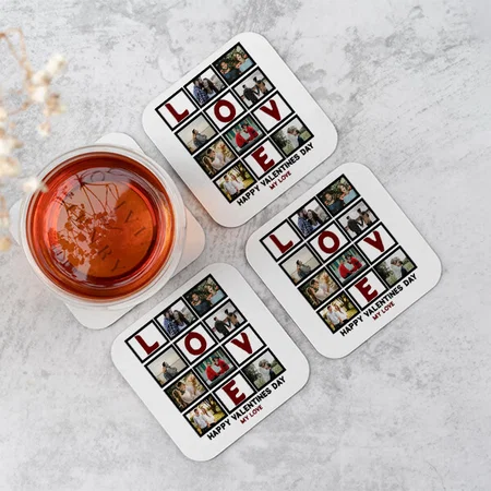 Happy Valentines Day 8 Photo Collage Customized Photo Printed Tea & Coffee Coasters