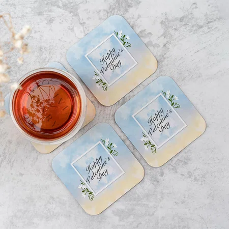 Elegant Happy Valentine's Day Floral Frame Design Customized Photo Printed Tea & Coffee Coasters