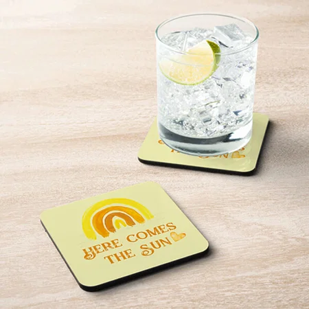 Retro Yellow Sunshine Ray Boho Rainbow Customized Photo Printed Tea & Coffee Coasters