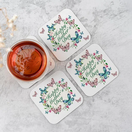 Elegant Happy Mother's Day Floral Wreath Customized Photo Printed Tea & Coffee Coasters