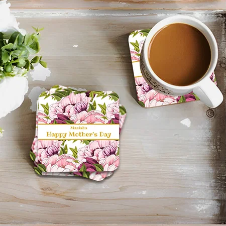 Happy Mother's Day Gold Name Pink Peony Floral Customized Photo Printed Tea & Coffee Coasters