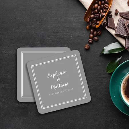 Grey Wedding Bride & Groom Name Stone Customized Photo Printed Tea & Coffee Coasters