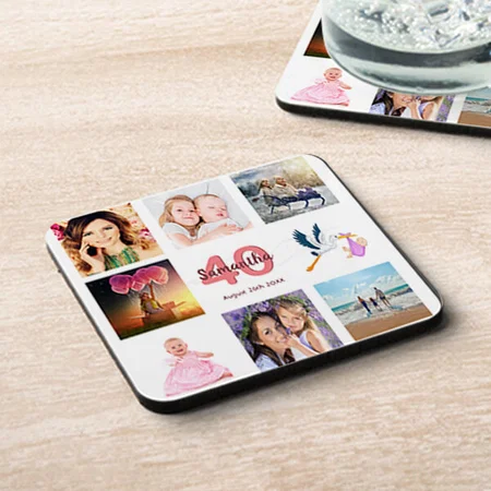 White Birthday Party Photo collage Customized Photo Printed Tea & Coffee Coasters