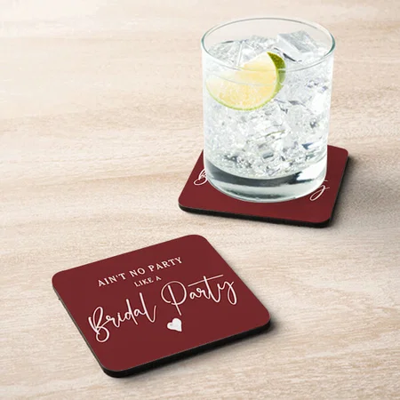 Red Minimalist Calligraphy Bridal Party Customized Photo Printed Tea & Coffee Coasters