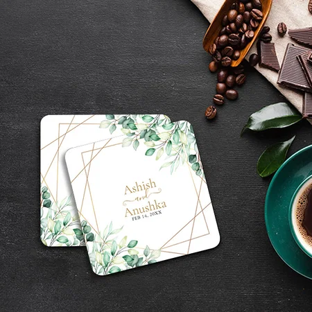 Modern Wedding Botanical Greenery Design Customized Photo Printed Tea & Coffee Coasters