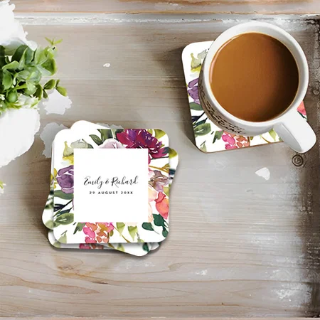 Blush Burgundy Floral Design Customized Photo Printed Tea & Coffee Coasters