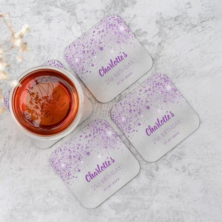 Birthday Silver Purple Glitter Monogram Customized Photo Printed Tea & Coffee Coasters