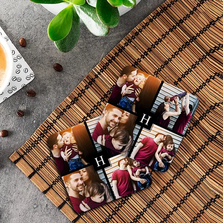 4 Photo Collage and Monogram Customized Photo Printed Tea & Coffee Coasters