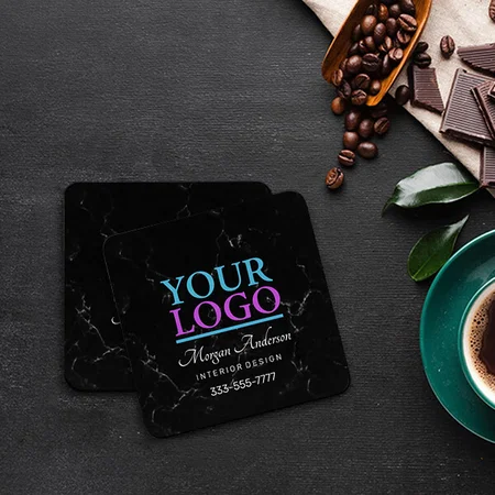 Modern Business Logo Black Marble Design Customized Photo Printed Tea & Coffee Coasters