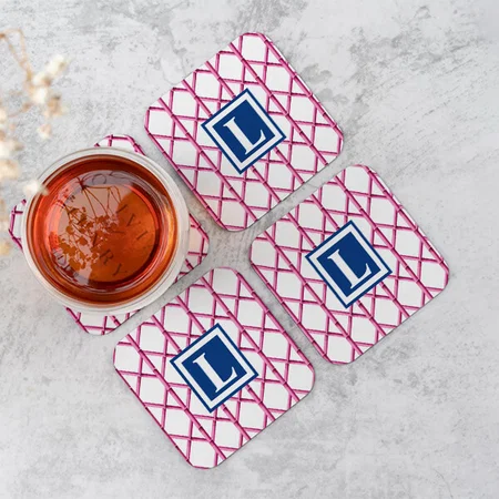 Pink Navy Trellis Bamboo Pattern Monogram Customized Photo Printed Tea & Coffee Coasters