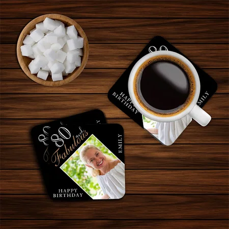 Elegant Black Birthday Photo Customized Photo Printed Tea & Coffee Coasters
