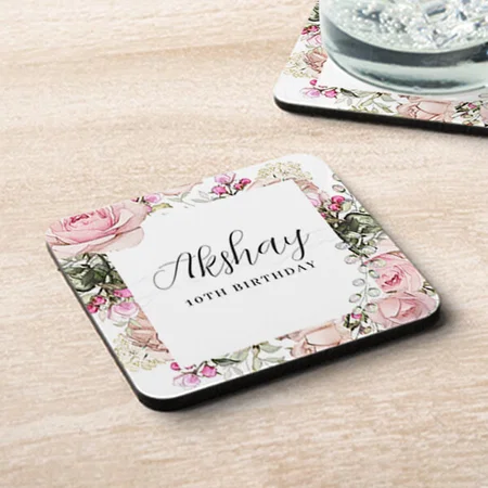 Pink Floral Birthday Party Design Customized Photo Printed Tea & Coffee Coasters
