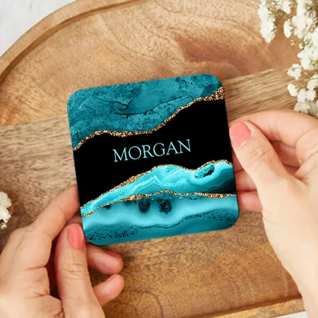 Black, Gold & Blue Marble Monogram Customized Photo Printed Tea & Coffee Coasters