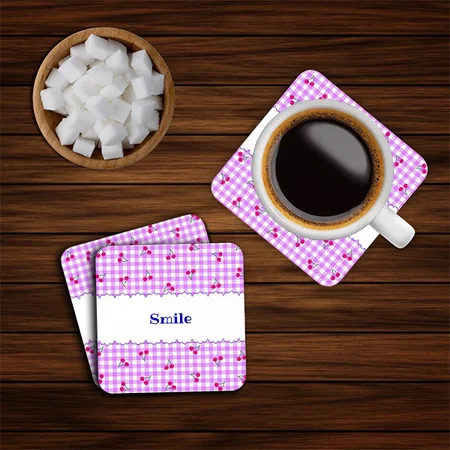 Cherry & Check Pink Pattern Design Customized Photo Printed Tea & Coffee Coasters