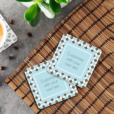 Blue and Brown Argyle Pattern Customized Photo Printed Tea & Coffee Coasters