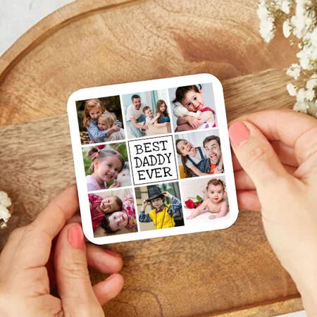 Modern Photo Collage Best Daddy Ever Customized Photo Printed Tea & Coffee Coasters