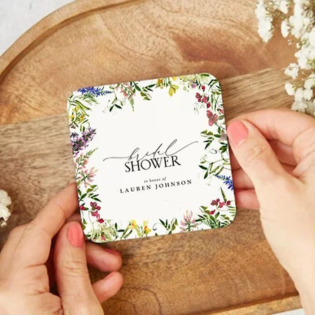 Elegant Summer Wildflower Watercolor Bridal Shower Customized Photo Printed Tea & Coffee Coasters