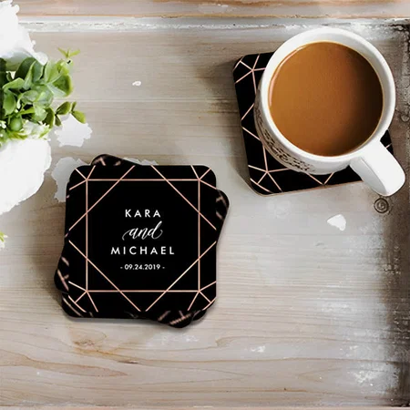 Black Modern Geometric Diamond Design Customized Photo Printed Tea & Coffee Coasters