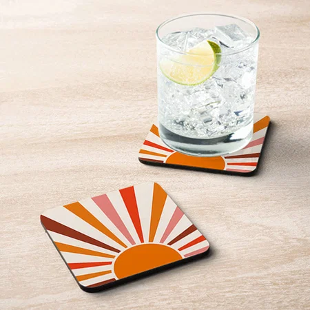 Retro Sun Burst Sunset Orange Yellow Red Pink Customized Photo Printed Tea & Coffee Coasters
