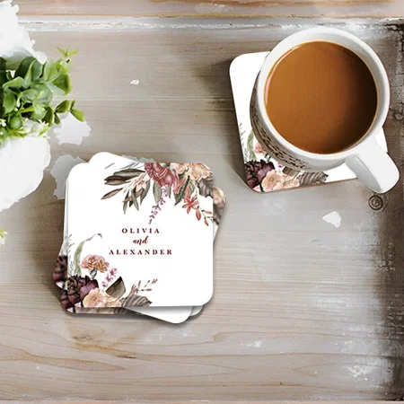 Burgundy Roses Fall Floral Customized Photo Printed Tea & Coffee Coasters
