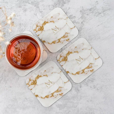 Modern Marble Glitter Monogram Gold Customized Photo Printed Tea & Coffee Coasters