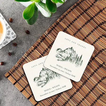 Rustic Green Pine Woods Mountain Sketch Wedding Customized Photo Printed Tea & Coffee Coasters