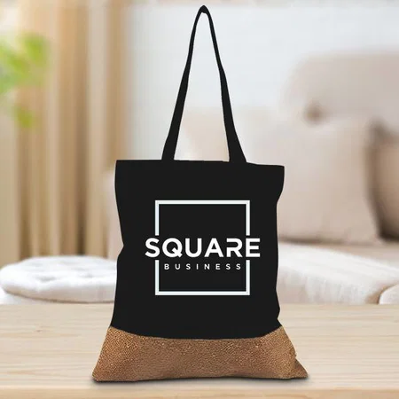 Black Customized Cotton Tote Bag Cork Pattern - 16 x 14.5 x 3 Inches