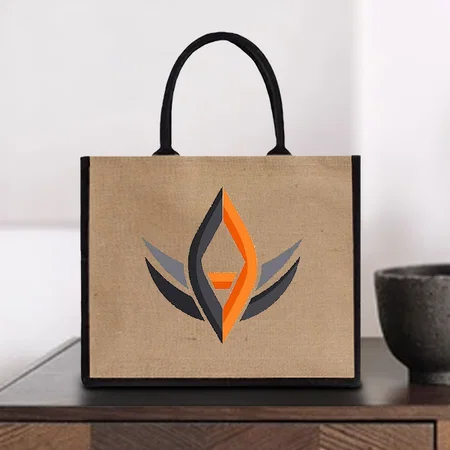 Medium Size Customized Black & Brown Jute Bag - 11.8 x 11.8 x 6 Inches
