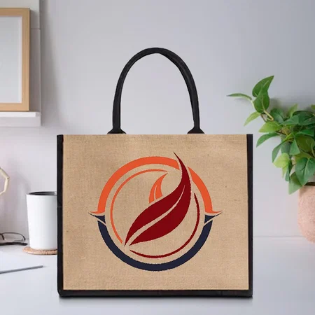 Large Size Customized Black & Brown Jute Bag - 13.4 x 15.7 x 6 Inches