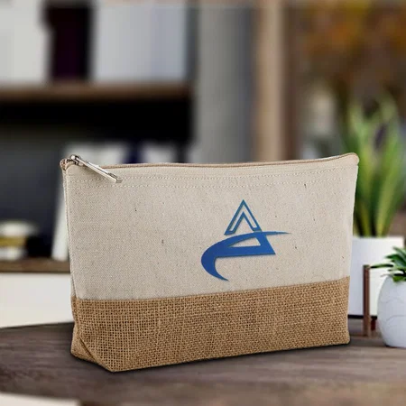 White And Brown Customized Cotton - Jute Hand Pouch - 5.1 x 9.84 x 2 Inches