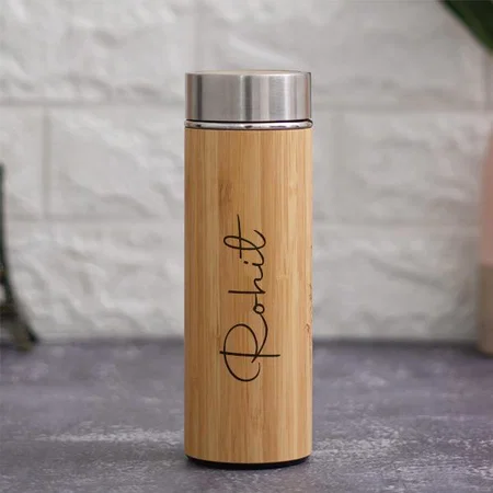 Brown Customized Stainless Steel Double Wall Bamboo Flask