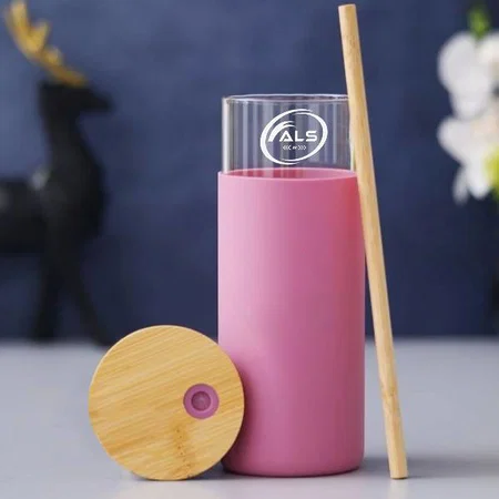 Pink Customized Borosilicate Glass Bottle with Bamboo Lid & Straw - 500 ML