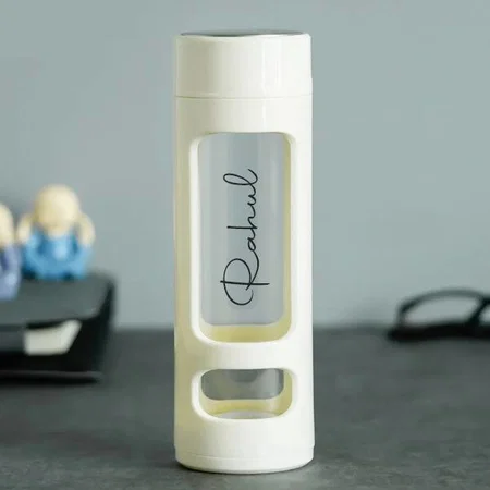 White Customized Tea Infuser Borosilicate Glass Bottle - 420 ML