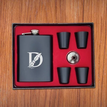 Black Customized Stainless Steel Hip Flask Set - 236 ML