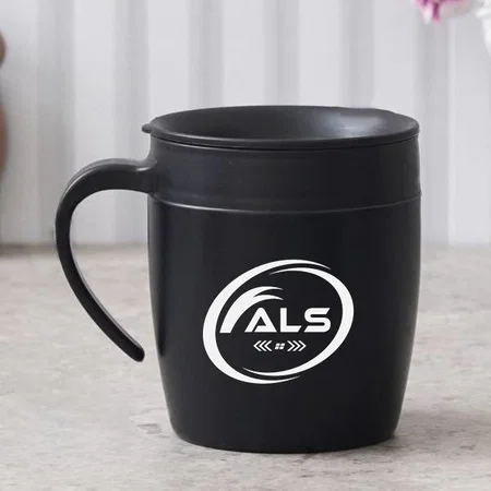 Black Customized Stainless Steel Double Wall Tea Cup with Slider Lid & Spoon - 350 ML