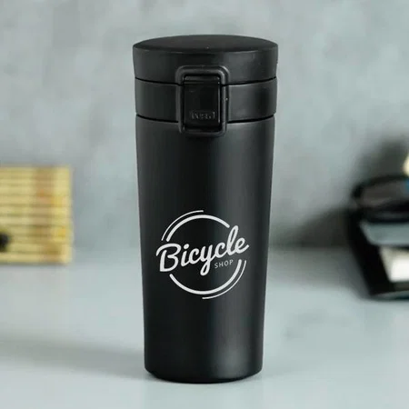 Black Customized Stainless Steel Travel Mug With Push Button - 330 ML