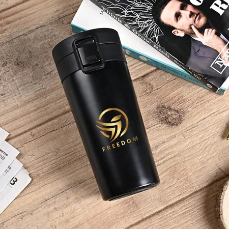 Black Customized Stainless Steel Travel Mug with Push Button - 400 ML