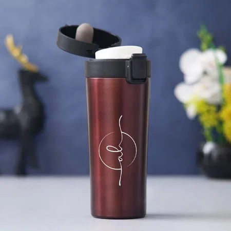 Brown Customized Stainless Steel Travel Mug with Push Button - 400 ML