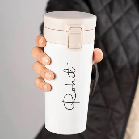 White Customized Stainless Steel Travel Mug with Push Button - 400 ML