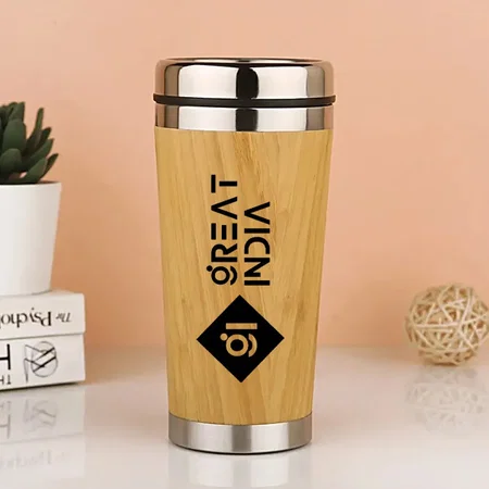 Brown Customized Stainless Steel Double Wall Bamboo Coffee Mug - 400 ML