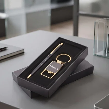 Customized Black & Gold 2 Pc Set: Pen & Bottle-Opener Keychain