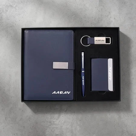 Customized Navy 4 Pc Gift Set: Clasp Diary, Pen, Cardholder & Keychain