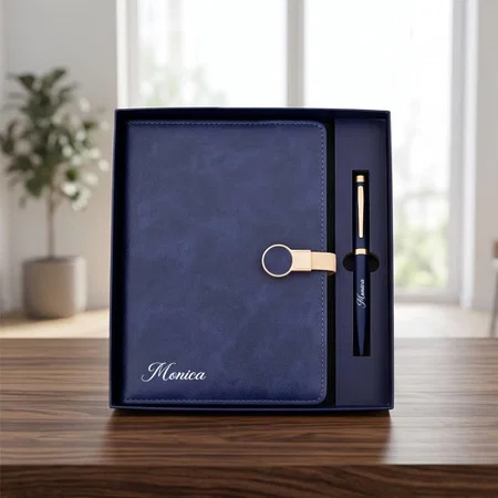 Customized Navy Notebook & Pen Gift Set with Round Gold Clasp