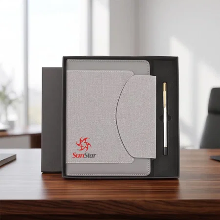 Customized Grey Flap Notebook & Slim Gold-Clip Pen Gift Set in Gift Box