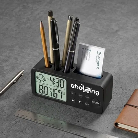 Black Premium Customized Desk Organizer with Digital Clock
